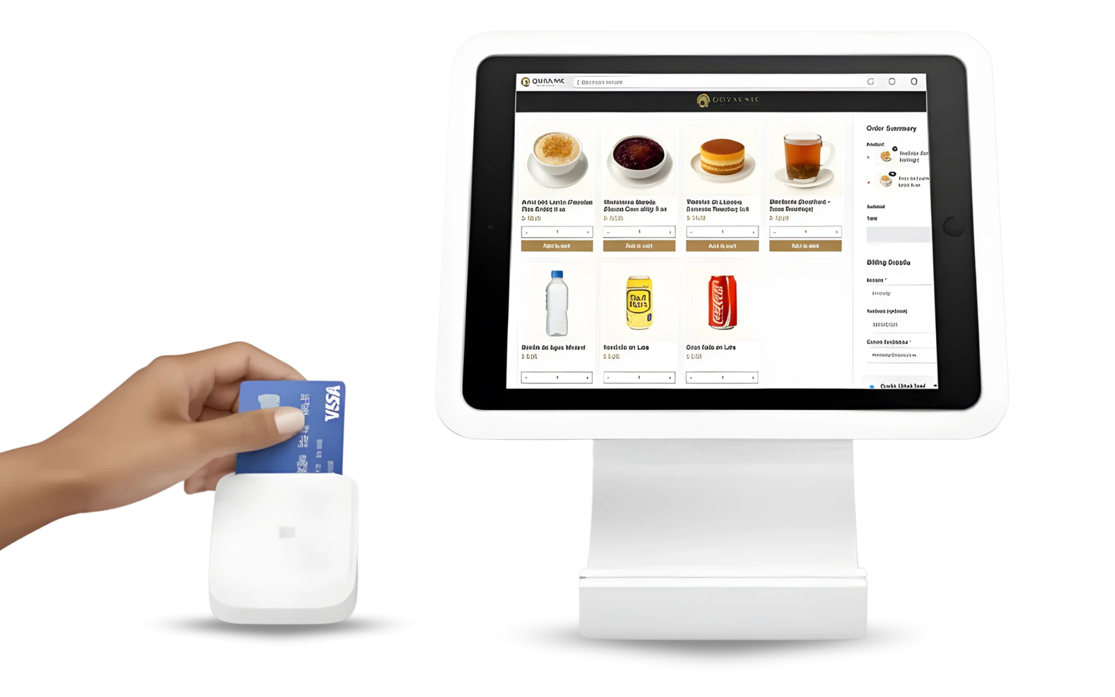Hand inserting credit card into a payment terminal with tablet showing product selection